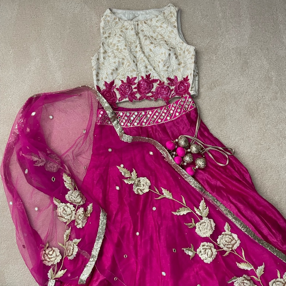 Fushia and cream lengha